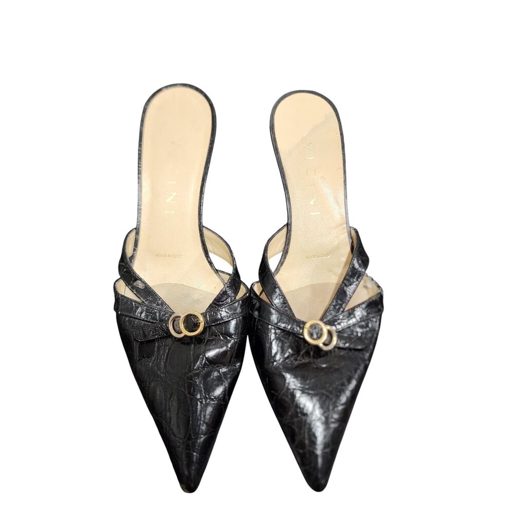 Vicini Black Croc‎ Embossed Pointed Toe Mule Heels Made in Italy EU 38